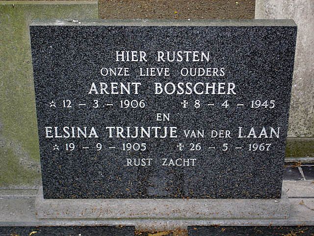 Laatste rustplaats van Arent Bosscher, overl. 8 april 1945 en zijn echtgenote. Bron: Oorlogsgravenstichting [2].